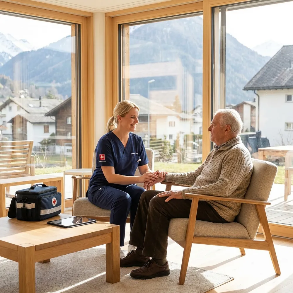 Équipe de soins à domicile en discussion bienveillante avec une patiente